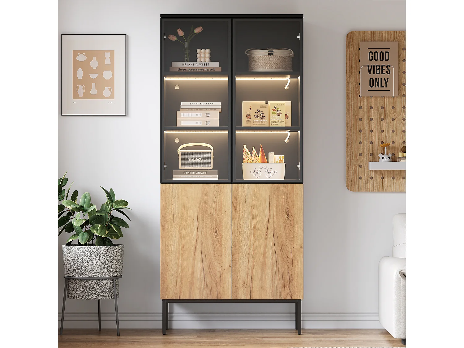 Vetrina con ante in vetro - 80 x 35 x 180 cm - con LED + 2 ante - 5 ripiani - Nero + Naturale