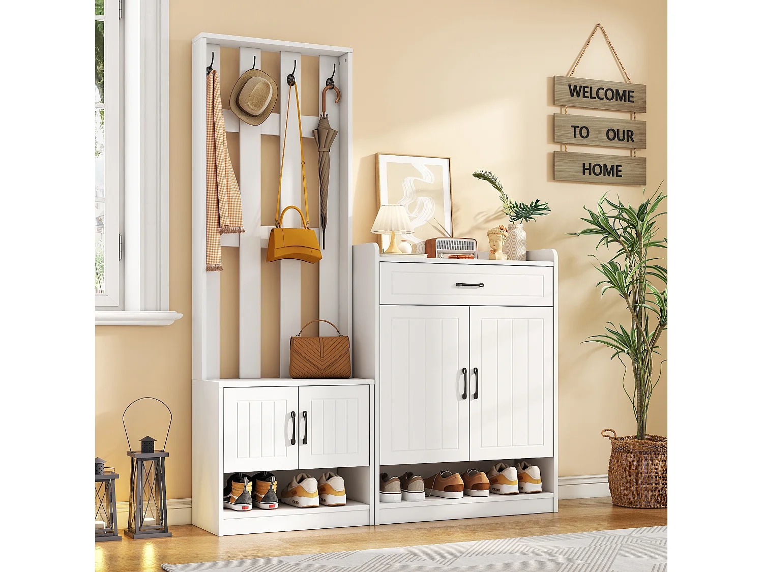 Zestaw mebli do przedpokoju - 140,6 x 32 x 180 cm - Szafa do przedpokoju + szafka na buty - Płyta wiórowa - Biały