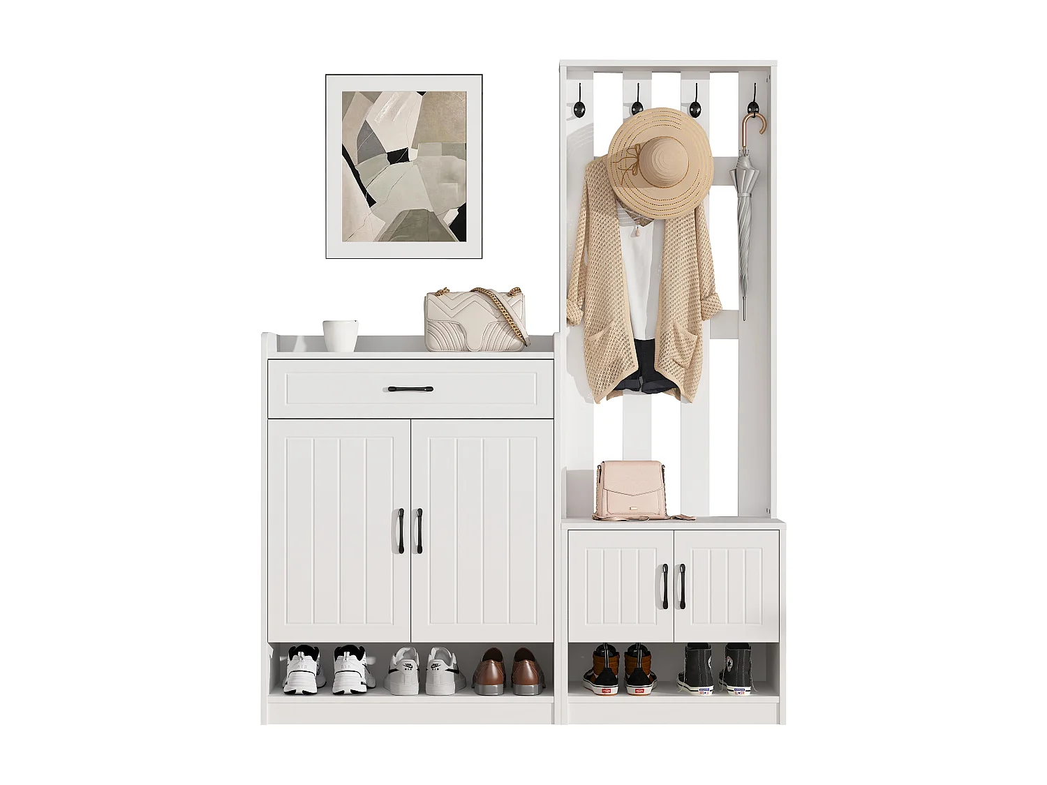 Zestaw mebli do przedpokoju - 140,6 x 32 x 180 cm - Szafa do przedpokoju + szafka na buty - Płyta wiórowa - Biały