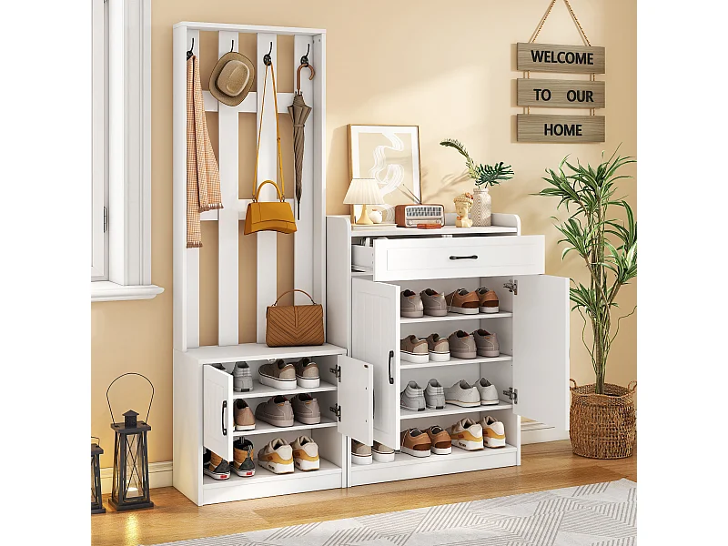 Zestaw mebli do przedpokoju - 140,6 x 32 x 180 cm - Szafa do przedpokoju + szafka na buty - Płyta wiórowa - Biały