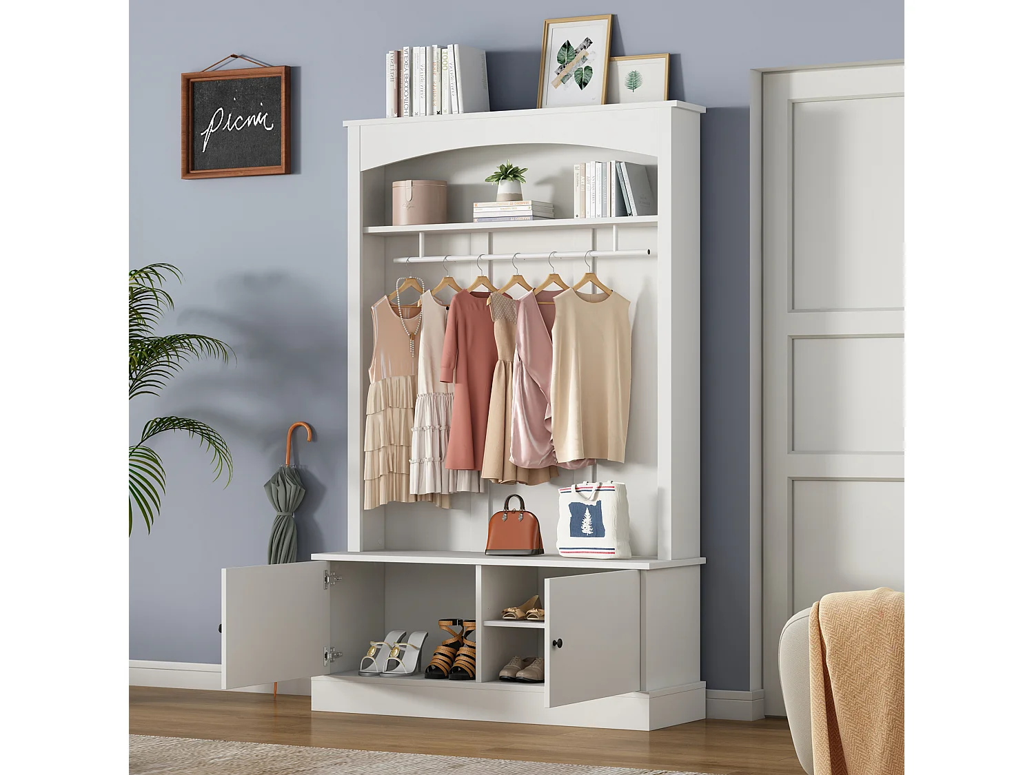 Halmeubelset - 120 x 40 x 190 cm - kapstok met schoenenbank + garderobekast - spaanplaat - wit