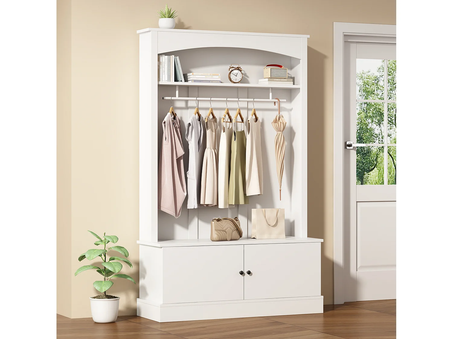 Halmeubelset - 120 x 40 x 190 cm - kapstok met schoenenbank + garderobekast - spaanplaat - wit