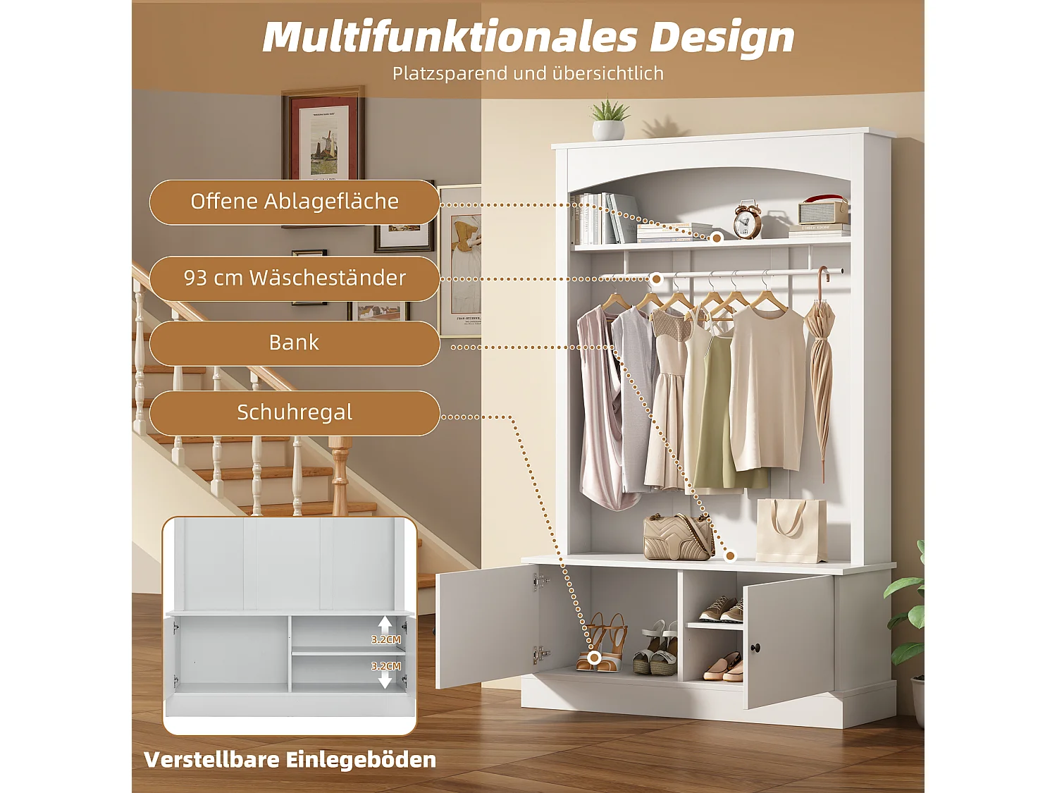 Halmeubelset - 120 x 40 x 190 cm - kapstok met schoenenbank + garderobekast - spaanplaat - wit