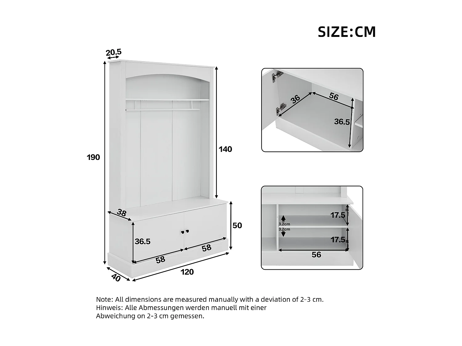 Halmeubelset - 120 x 40 x 190 cm - kapstok met schoenenbank + garderobekast - spaanplaat - wit