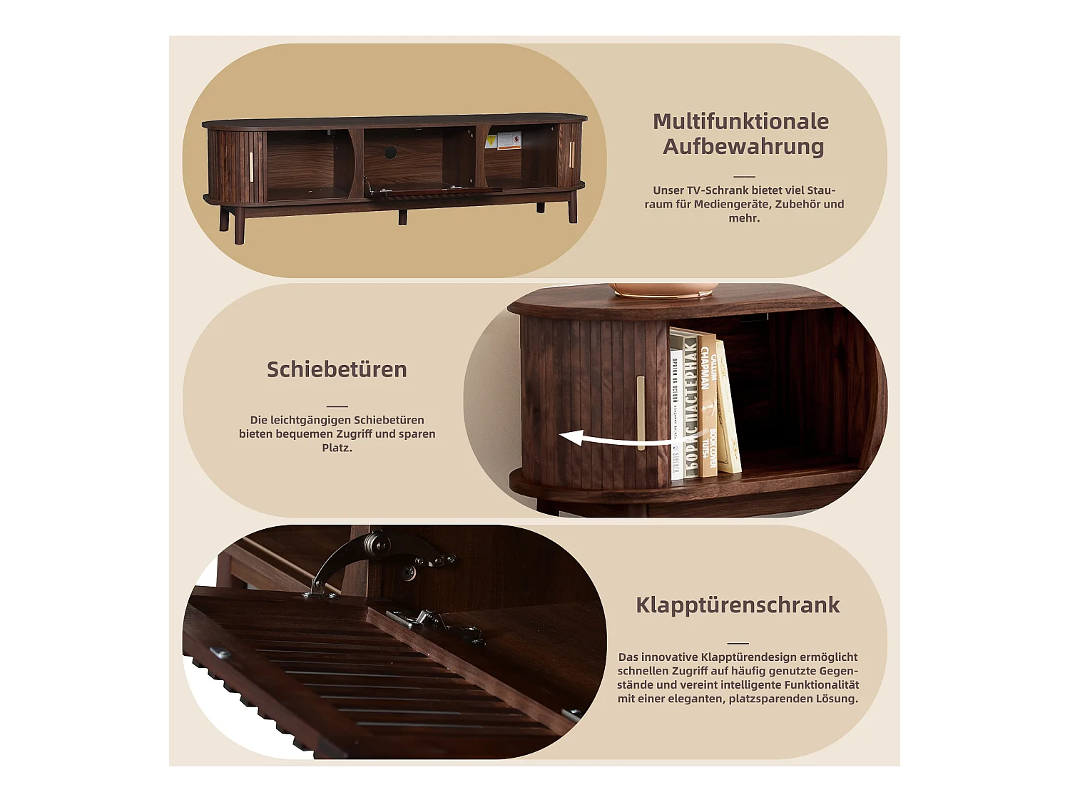 Meuble TV bas  - 165 x 39.5 x 46 cm - avec 2 portes coulissante + 1 porte rabattable - MDF - marron