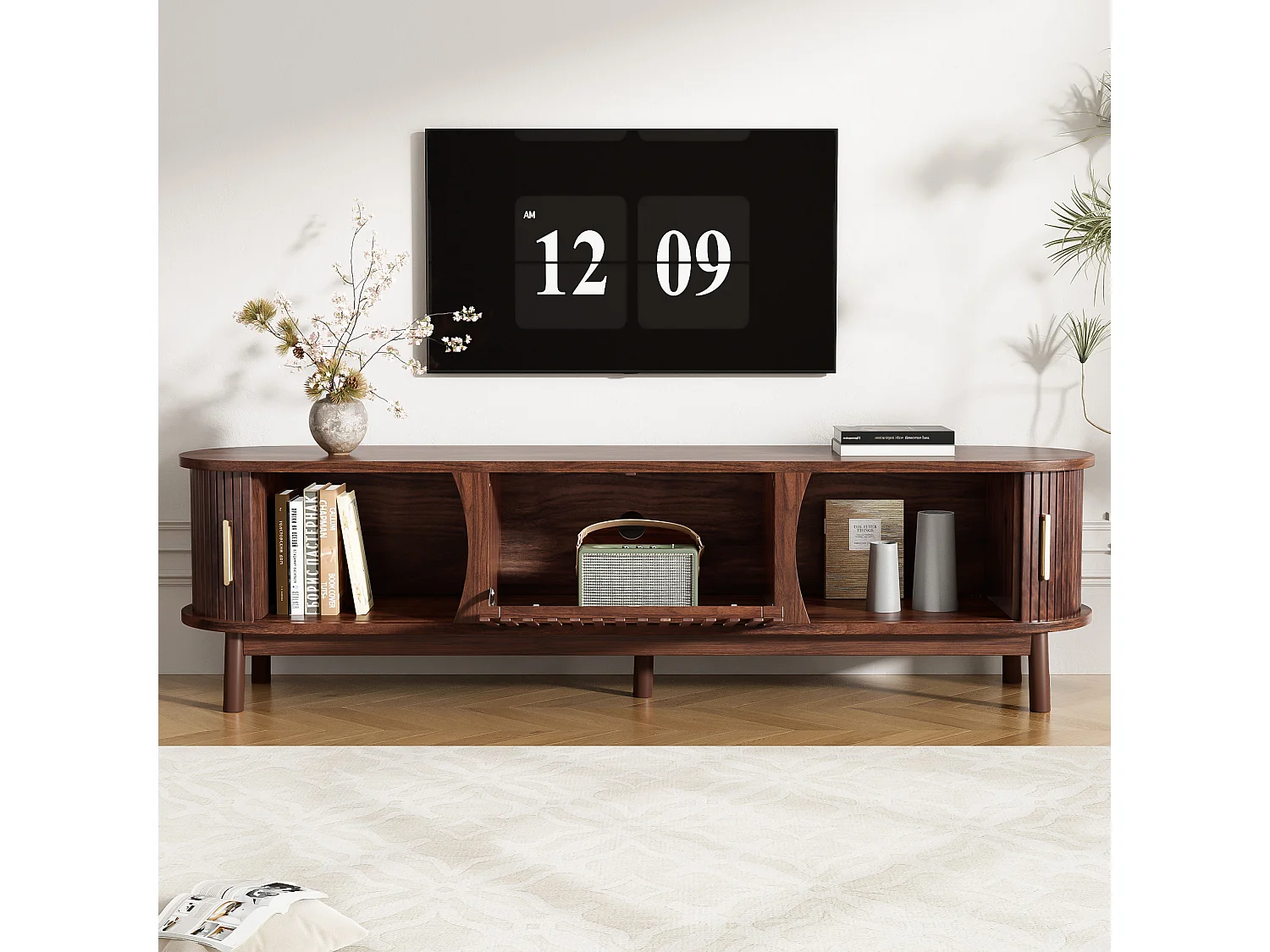 Meuble TV bas  - 165 x 39.5 x 46 cm - avec 2 portes coulissante + 1 porte rabattable - MDF - marron