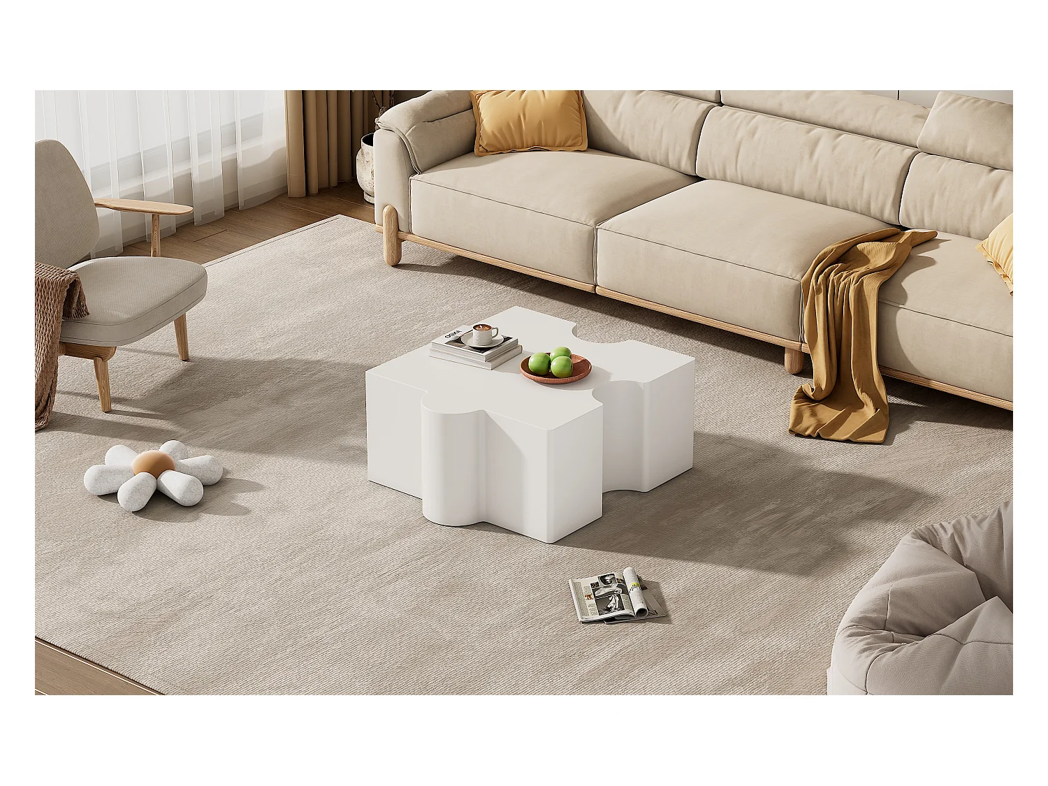 Unikalny stolik kawowy - 65 x 65 x 32 cm - ze wzorem puzzli - abstrakcyjna sztuka do salonu - płyta MDF - biały