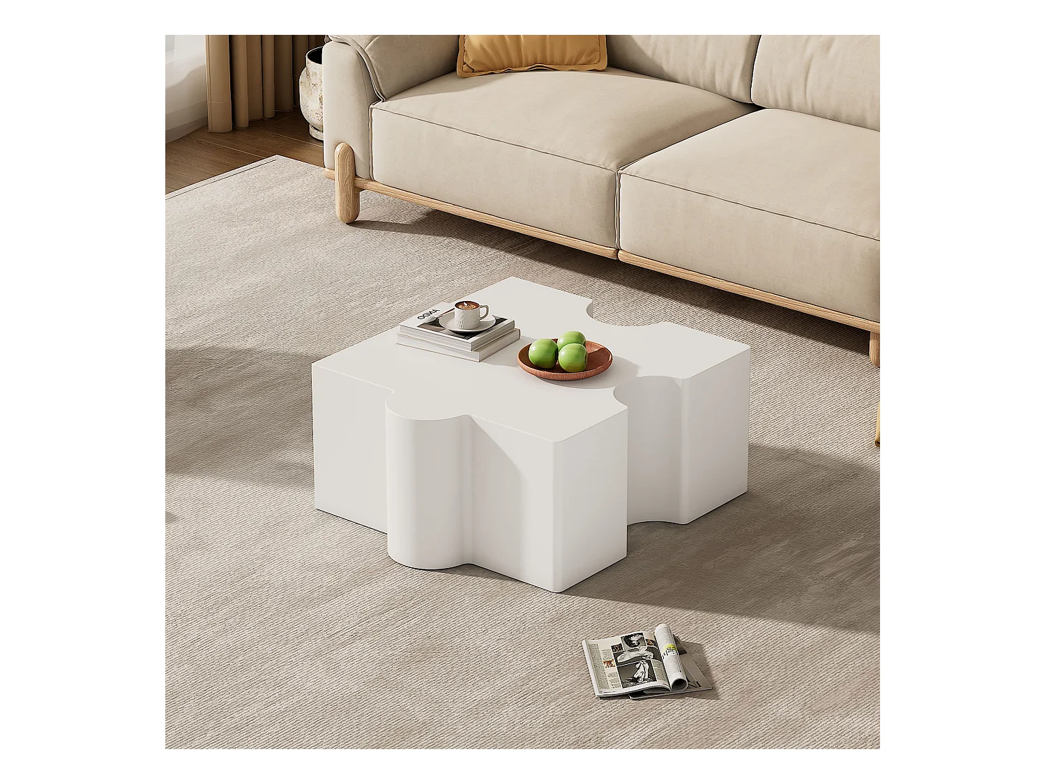 Table basse unique - 65 x 65 x 32 cm - avec motif puzzle - art abstrait pour salon - MDF - blanc