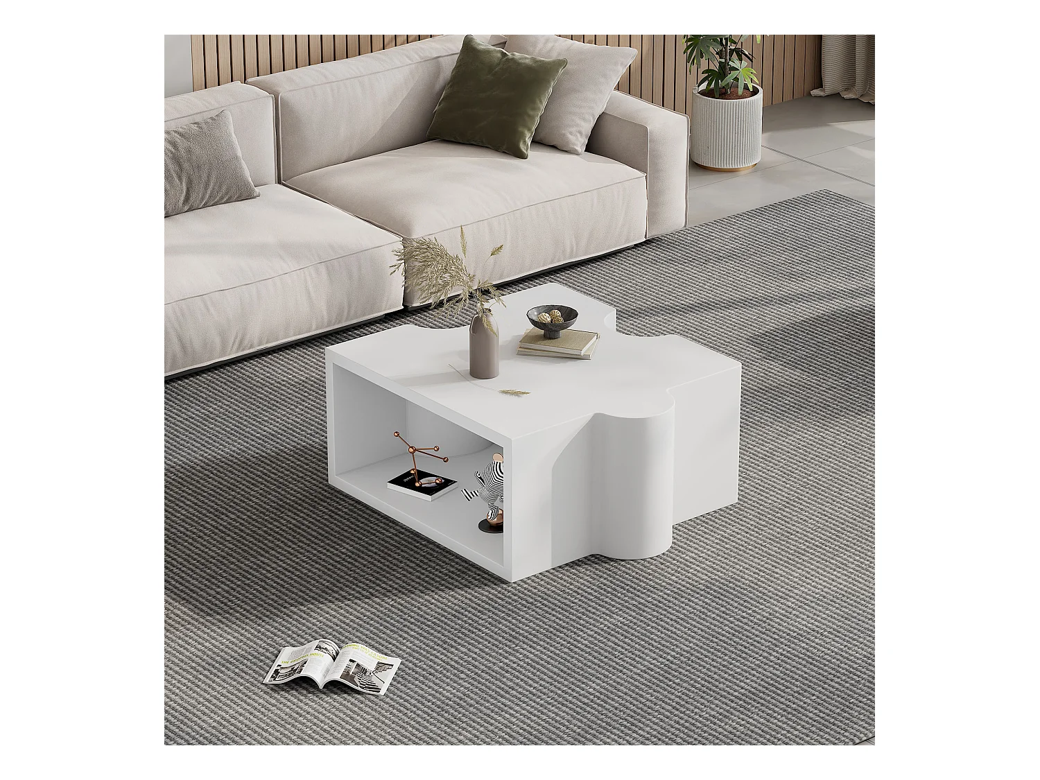 Table basse unique - 65 x 65 x 32 cm - avec motif puzzle - art abstrait pour salon - MDF - blanc