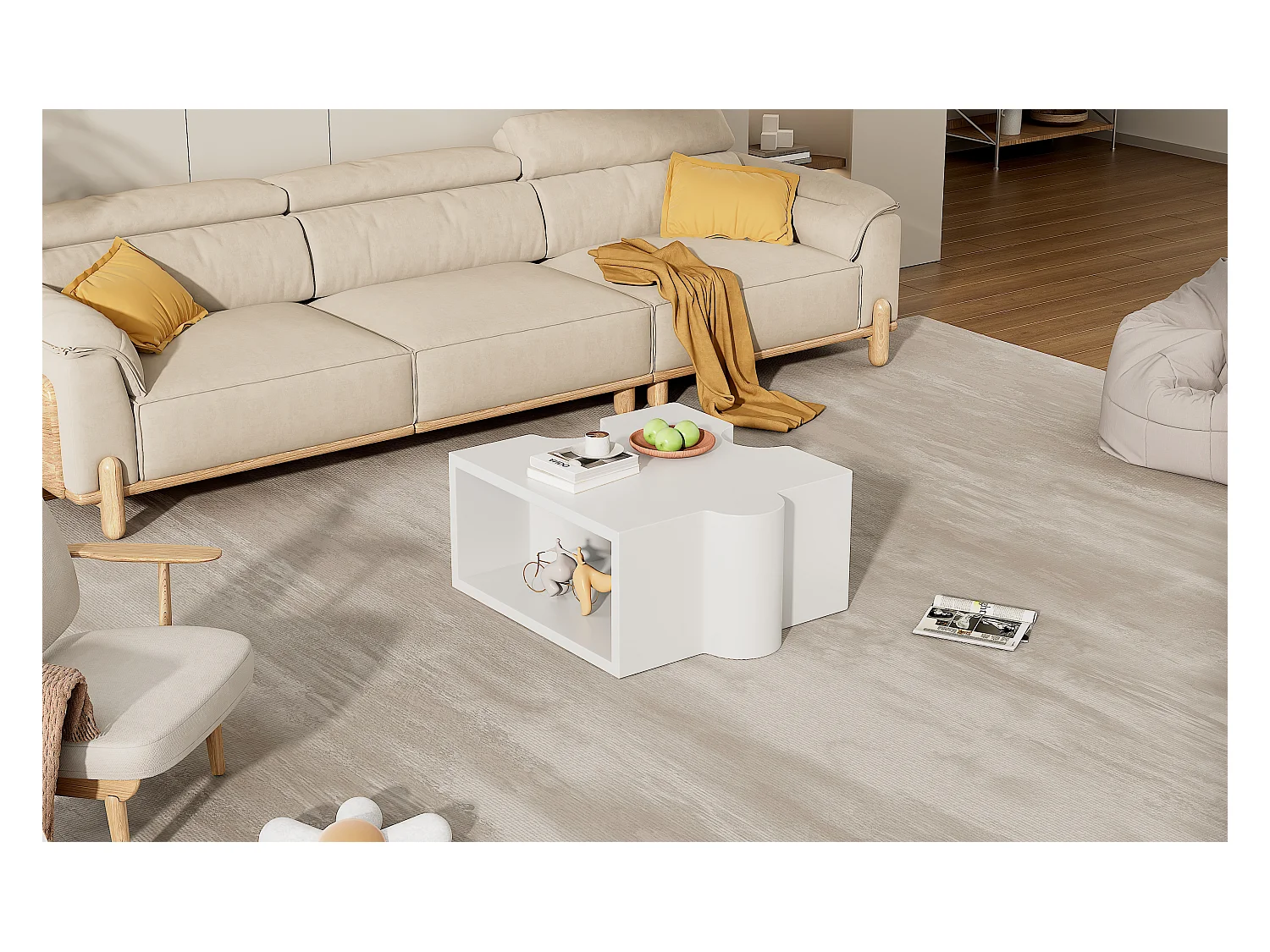 Table basse unique - 65 x 65 x 32 cm - avec motif puzzle - art abstrait pour salon - MDF - blanc