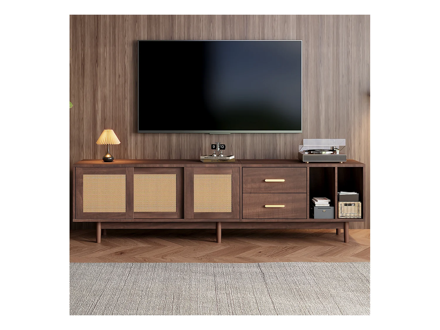 meuble TV bas - 190 x 40 x 52 cm - avec 3 portes + 2 tiroirs - pour TV 75 pouces - MDF - marron