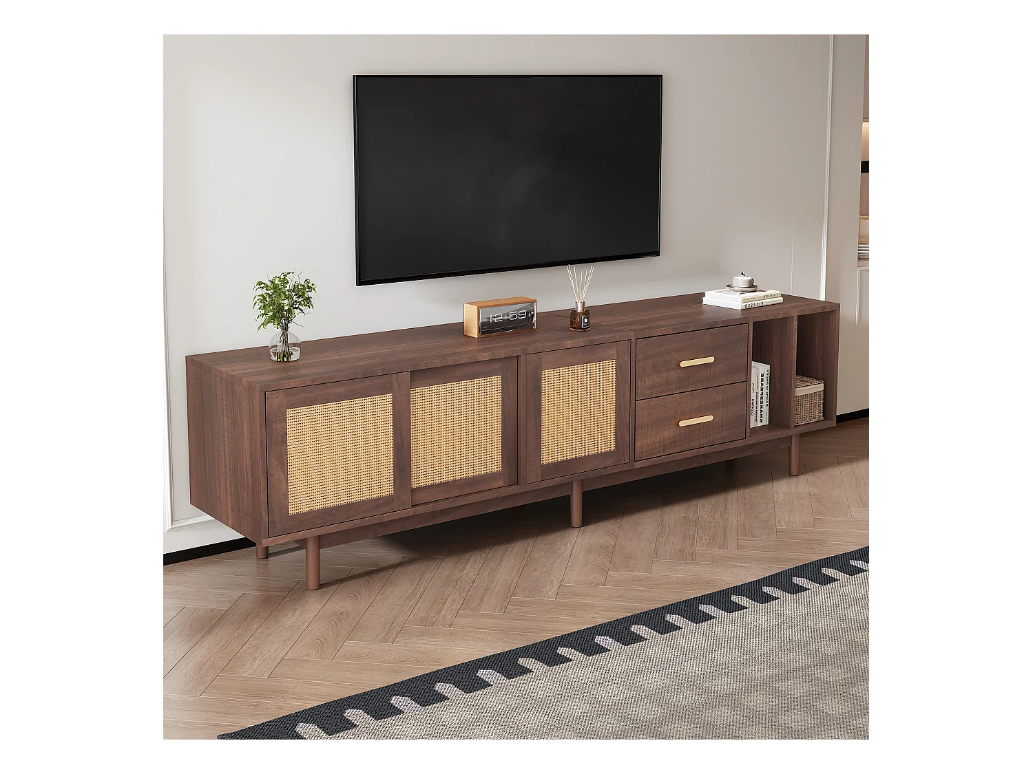 meuble TV bas - 190 x 40 x 52 cm - avec 3 portes + 2 tiroirs - pour TV 75 pouces - MDF - marron