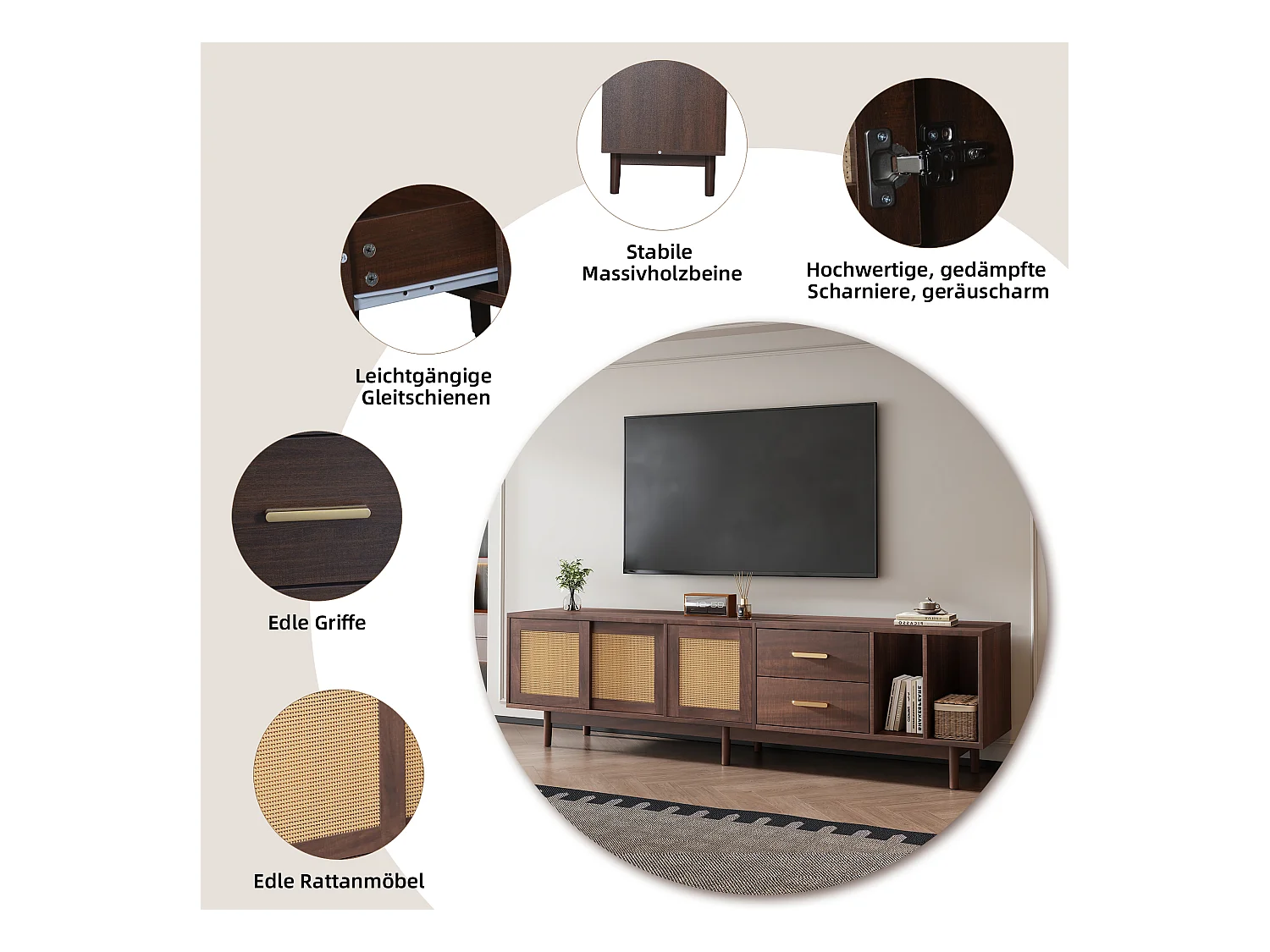 meuble TV bas - 190 x 40 x 52 cm - avec 3 portes + 2 tiroirs - pour TV 75 pouces - MDF - marron