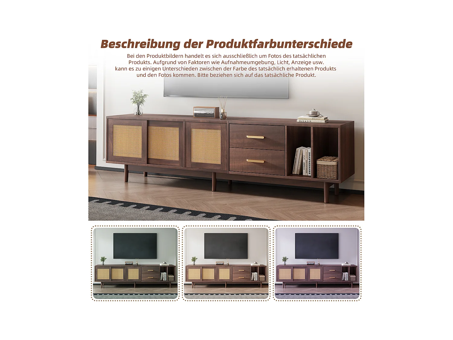 meuble TV bas - 190 x 40 x 52 cm - avec 3 portes + 2 tiroirs - pour TV 75 pouces - MDF - marron