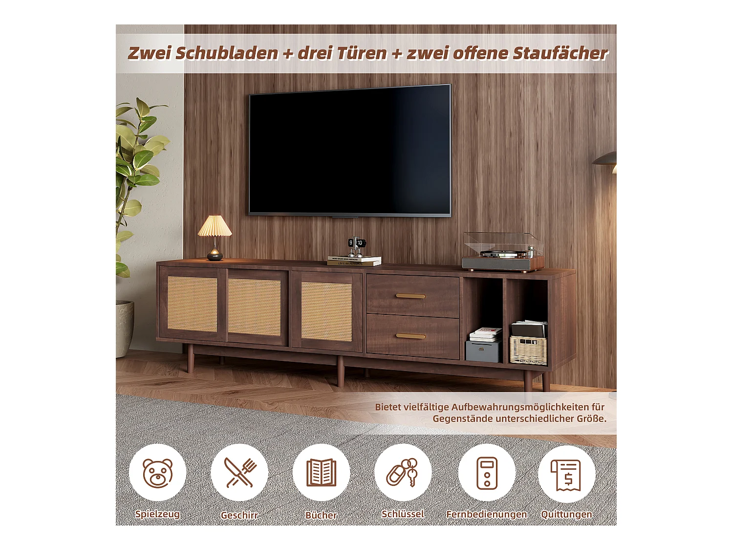 meuble TV bas - 190 x 40 x 52 cm - avec 3 portes + 2 tiroirs - pour TV 75 pouces - MDF - marron