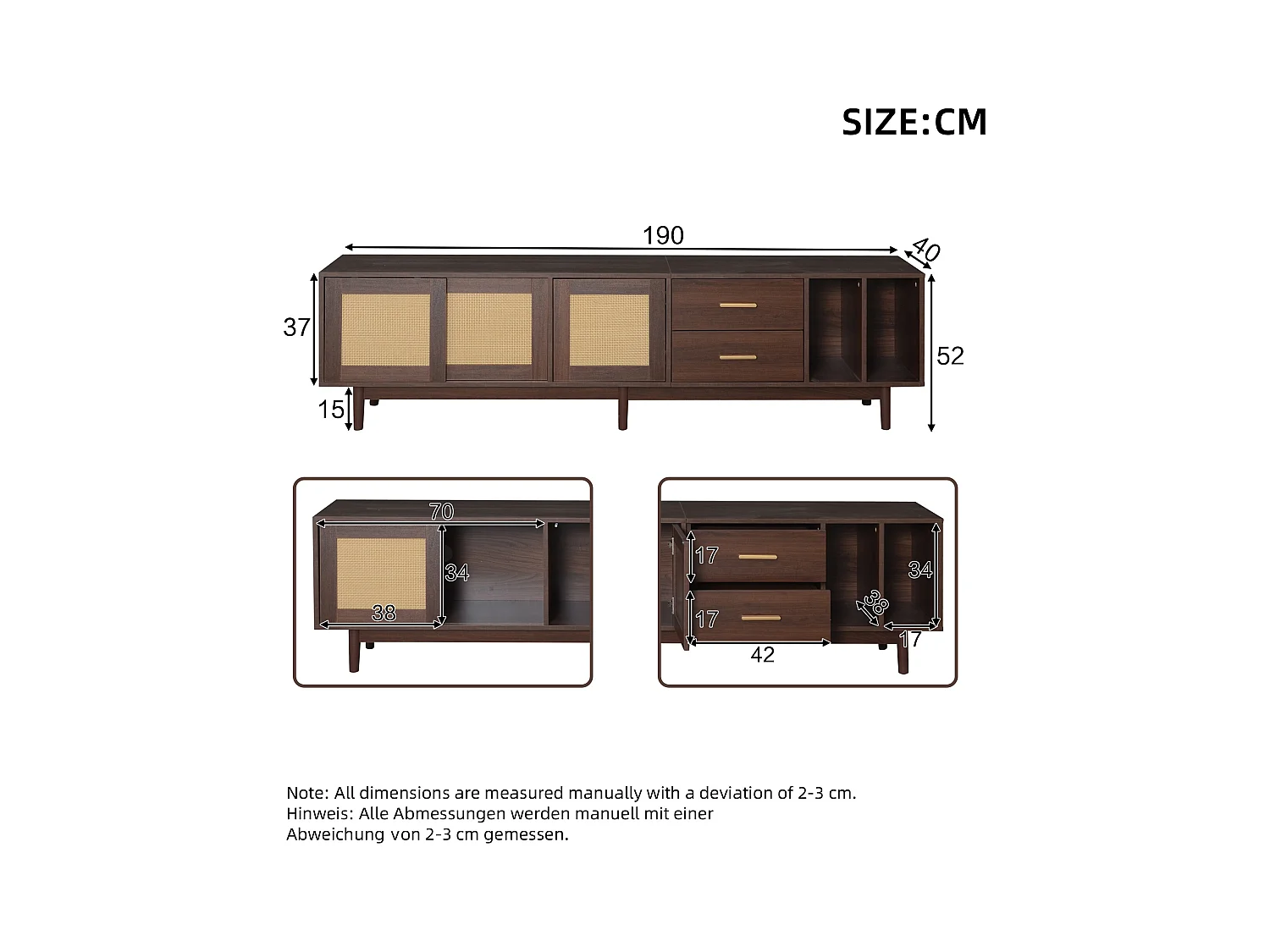 meuble TV bas - 190 x 40 x 52 cm - avec 3 portes + 2 tiroirs - pour TV 75 pouces - MDF - marron
