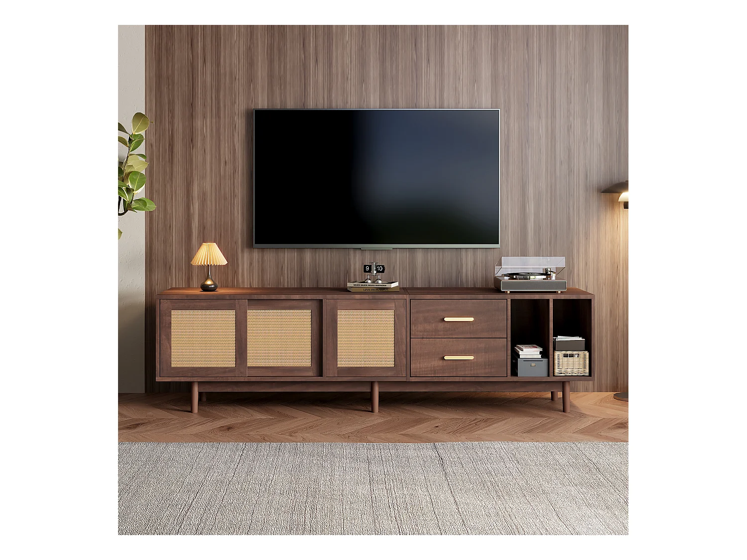 meuble TV bas - 190 x 40 x 52 cm - avec 3 portes + 2 tiroirs - pour TV 75 pouces - MDF - marron