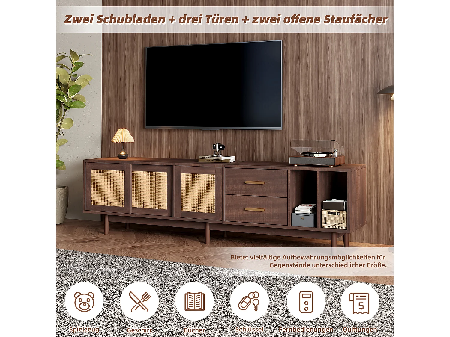 TV-Lowboard – 190 x 40 x 52 cm – mit 3 Türen + 2 Schubladen – für 75-Zoll-Fernseher – MDF – Braun