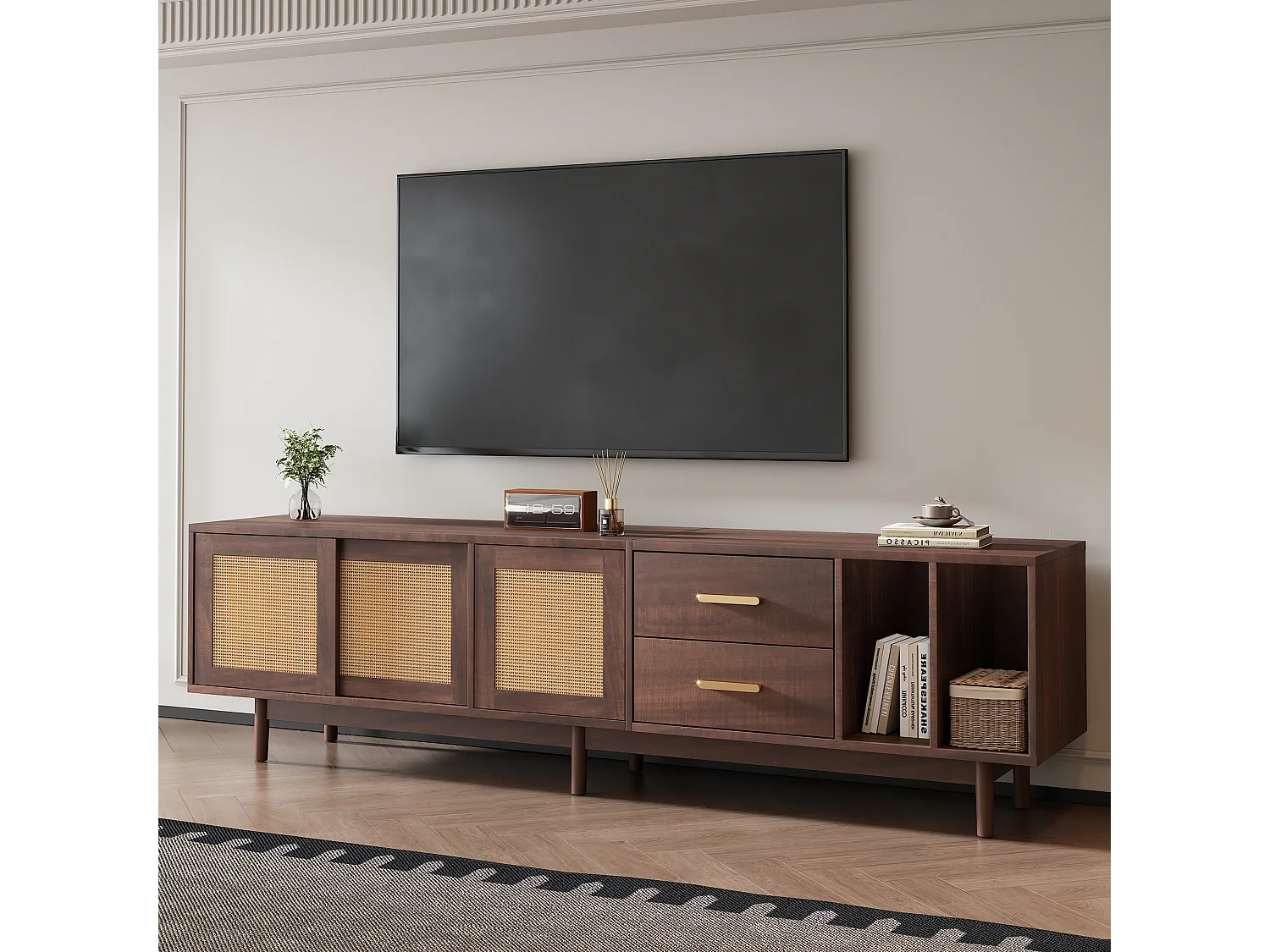 TV-Lowboard – 190 x 40 x 52 cm – mit 3 Türen + 2 Schubladen – für 75-Zoll-Fernseher – MDF – Braun