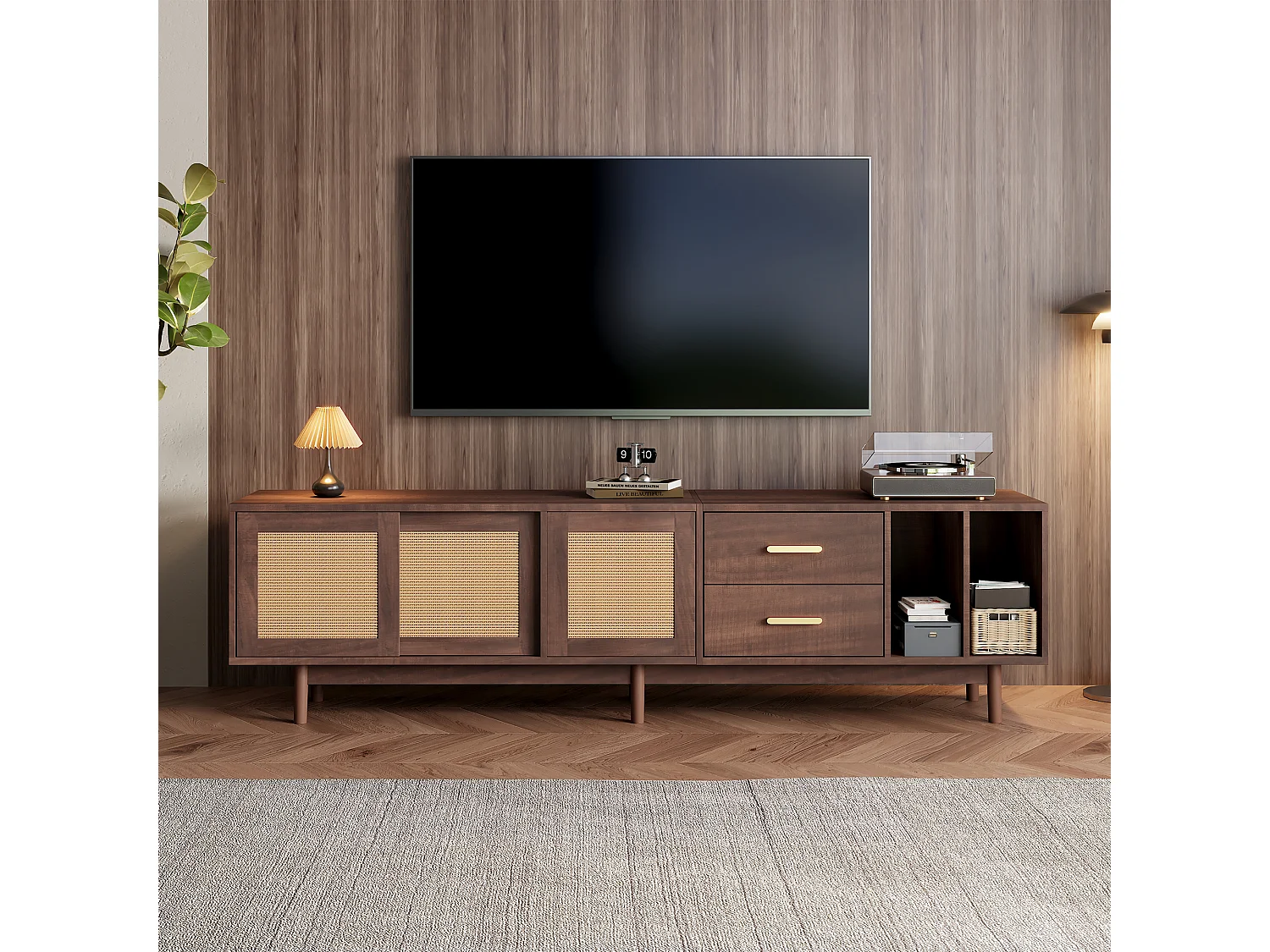 TV-Lowboard – 190 x 40 x 52 cm – mit 3 Türen + 2 Schubladen – für 75-Zoll-Fernseher – MDF – Braun
