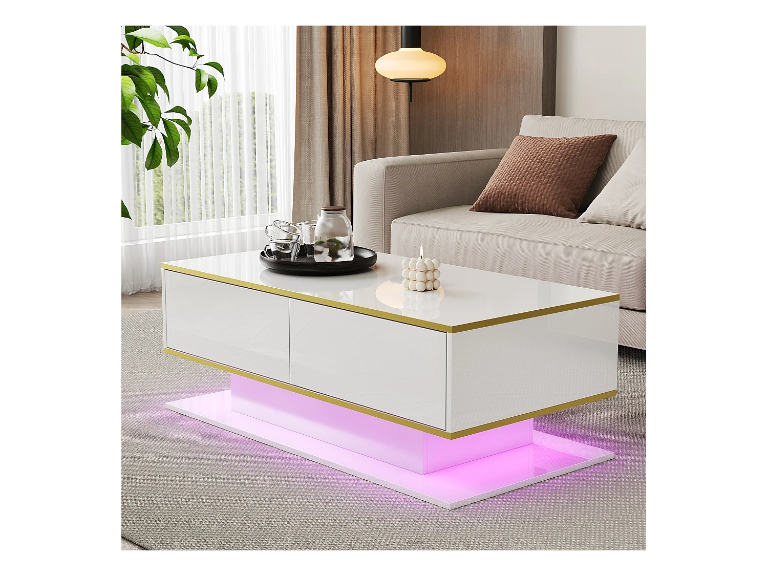 Table basse moderne - 110 x 55 x 40 cm - avec finition brillante + 3 tiroirs + Leds - aggloméré - blanc