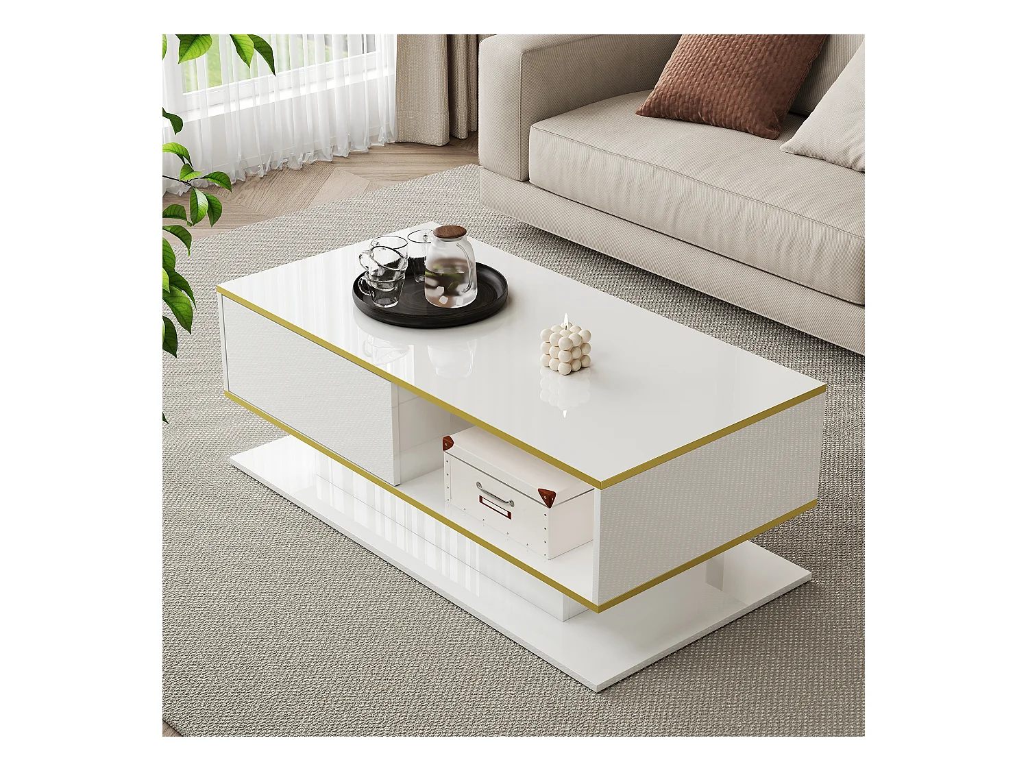 Table basse moderne - 110 x 55 x 40 cm - avec finition brillante + 3 tiroirs + Leds - aggloméré - blanc