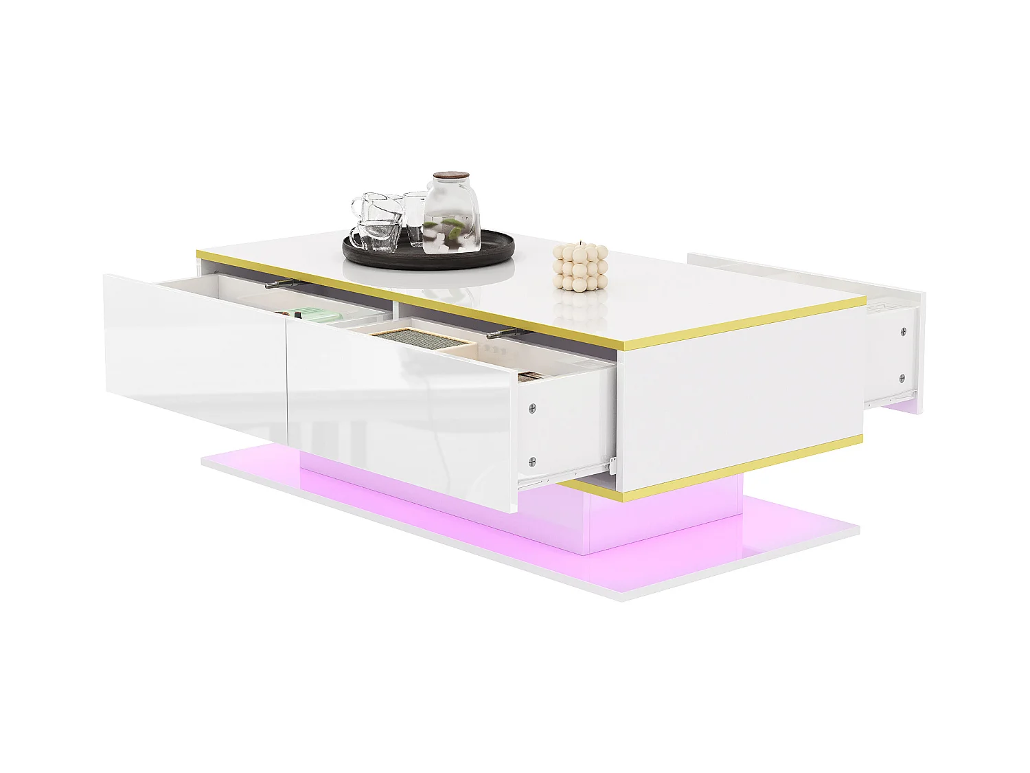 Moderner Couchtisch – 110 x 55 x 40 cm – Hochglanzlackierung + 3 Schubladen + LEDs – Spanplatte – Weiß