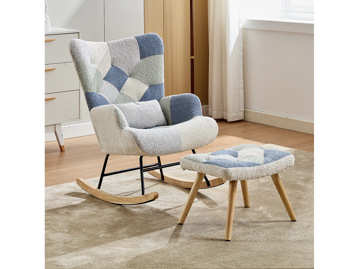 Poltrona a dondolo con poggiapiedi - 68 x 84 x 91 cm - Divano letto imbottito Per soggiorno - legno + spugna - beige + blu