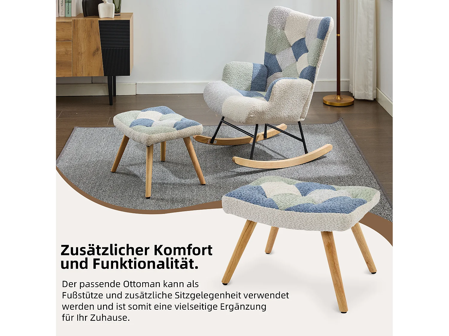 Poltrona a dondolo con poggiapiedi - 68 x 84 x 91 cm - Divano letto imbottito Per soggiorno - legno + spugna - beige + blu