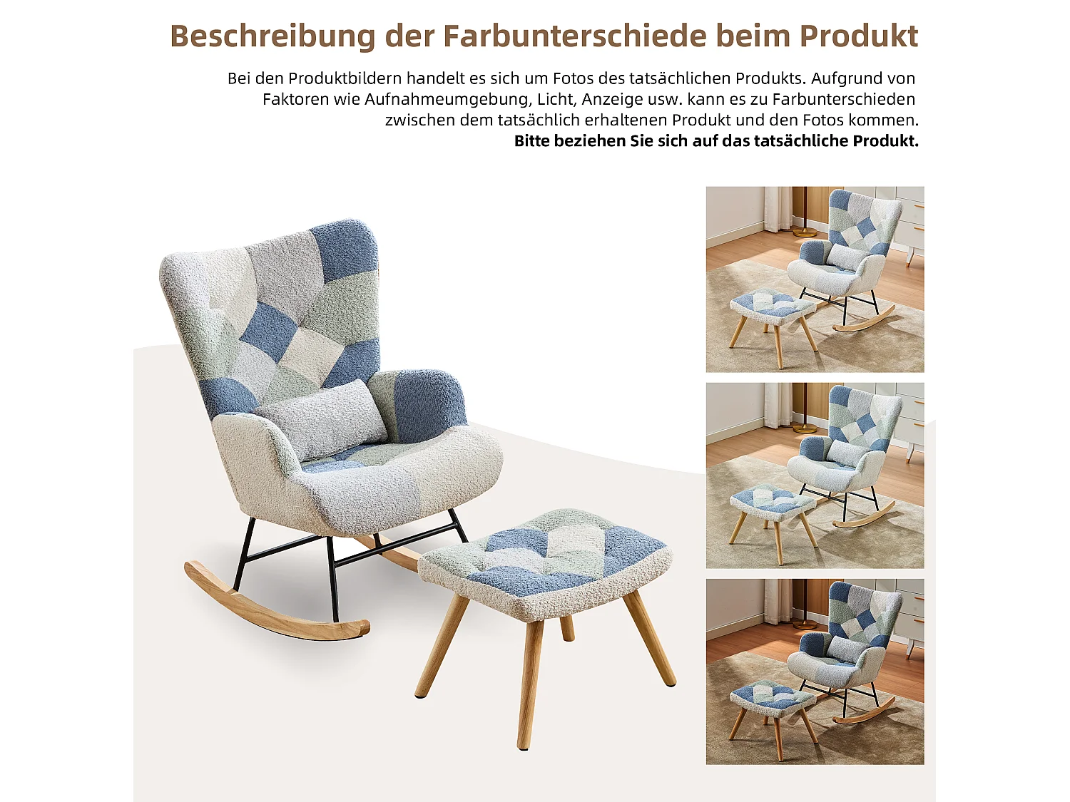 Poltrona a dondolo con poggiapiedi - 68 x 84 x 91 cm - Divano letto imbottito Per soggiorno - legno + spugna - beige + blu