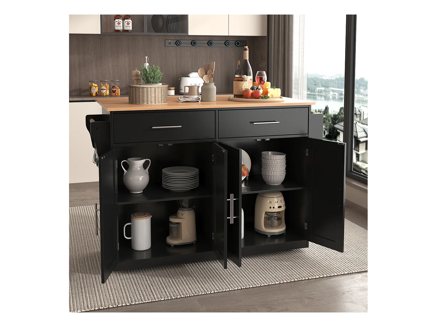 Îlot central - 120 x 46 (70) x 91 cm - plateau rabattable + roulettes et pieds interchangeables - MDF - noir