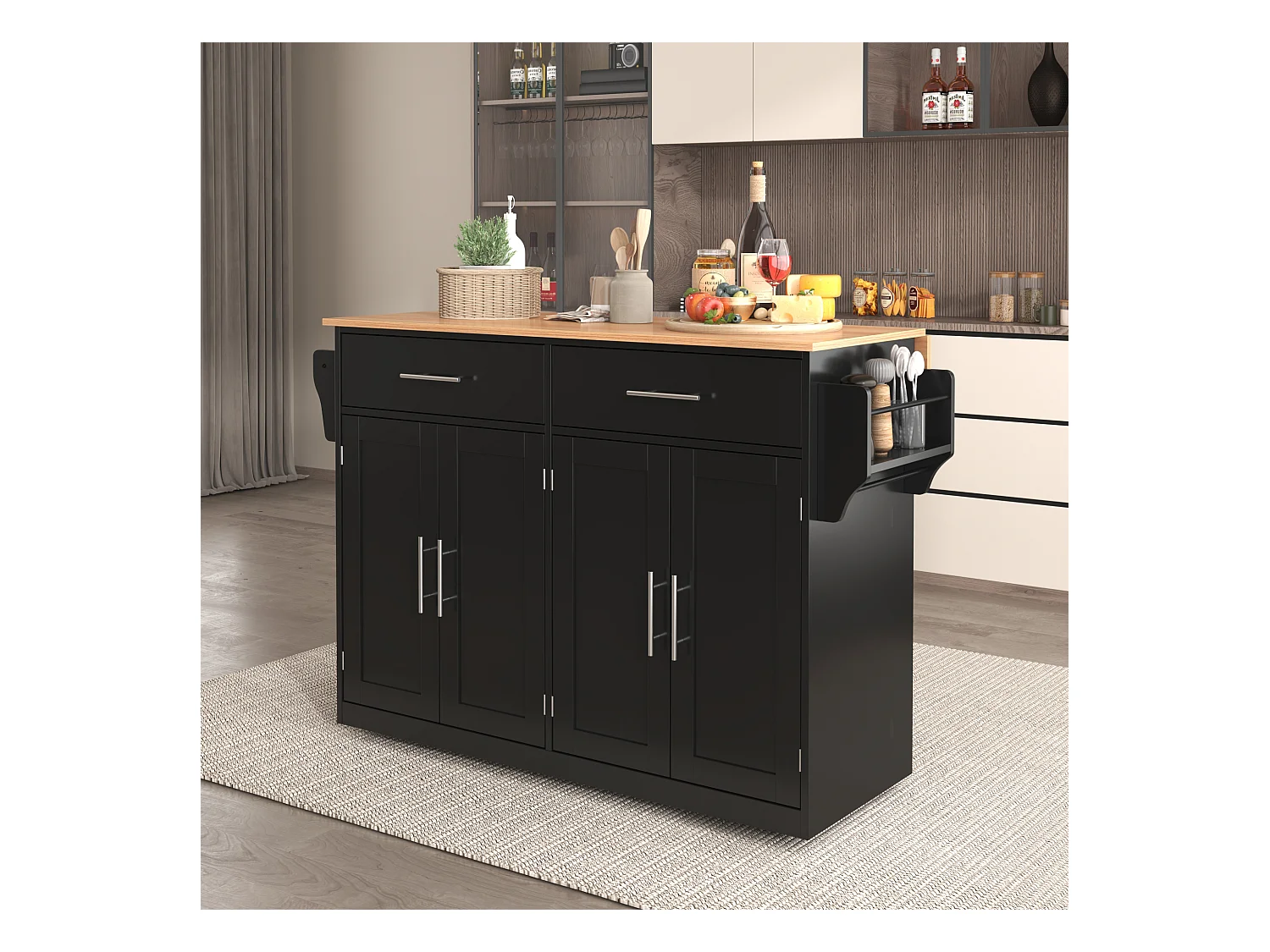 Mittelinsel – 120 x 46 (70) x 91 cm – Klappplatte + Rollen und austauschbare Beine – MDF – Schwarz