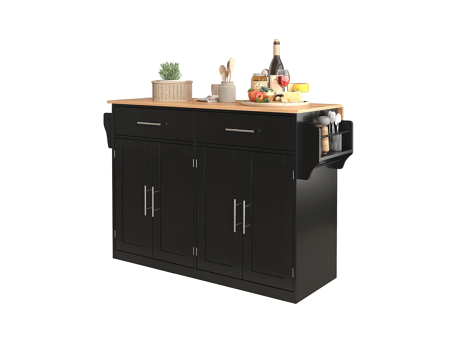 Îlot central - 120 x 46 (70) x 91 cm - plateau rabattable + roulettes et pieds interchangeables - MDF - noir