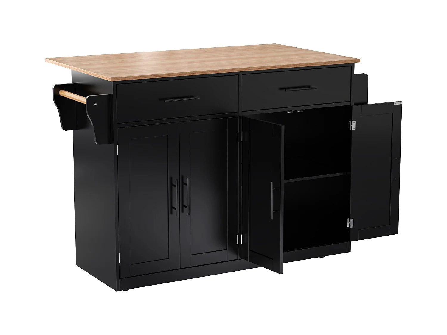 Îlot central - 120 x 46 (70) x 91 cm - plateau rabattable + roulettes et pieds interchangeables - MDF - noir