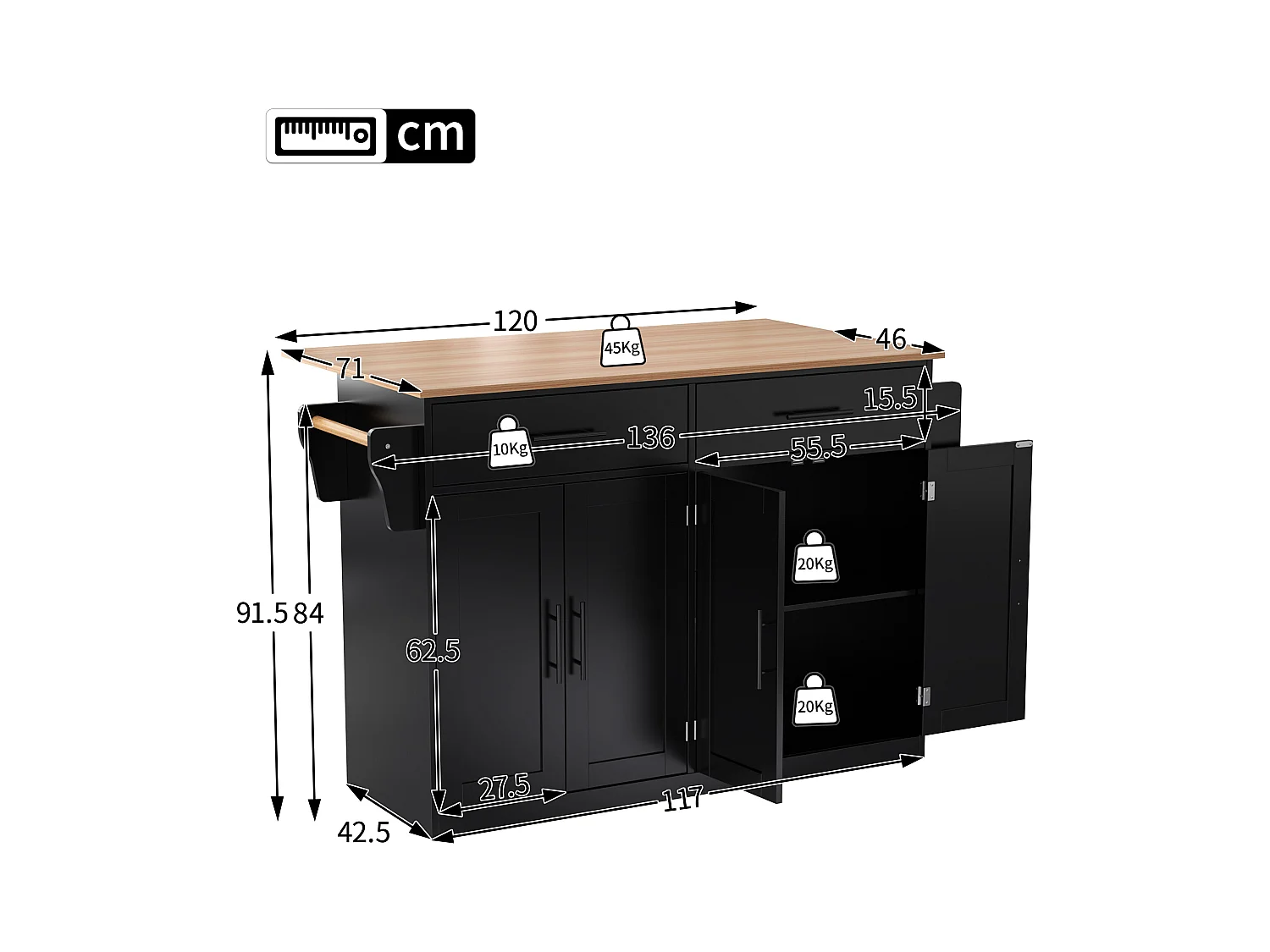 Îlot central - 120 x 46 (70) x 91 cm - plateau rabattable + roulettes et pieds interchangeables - MDF - noir