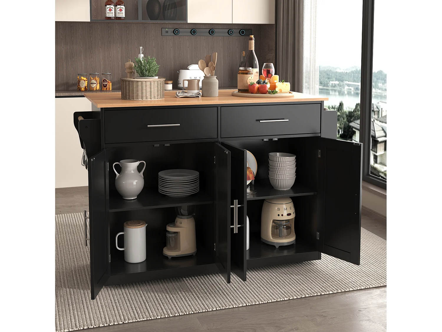 Îlot central - 120 x 46 (70) x 91 cm - plateau rabattable + roulettes et pieds interchangeables - MDF - noir