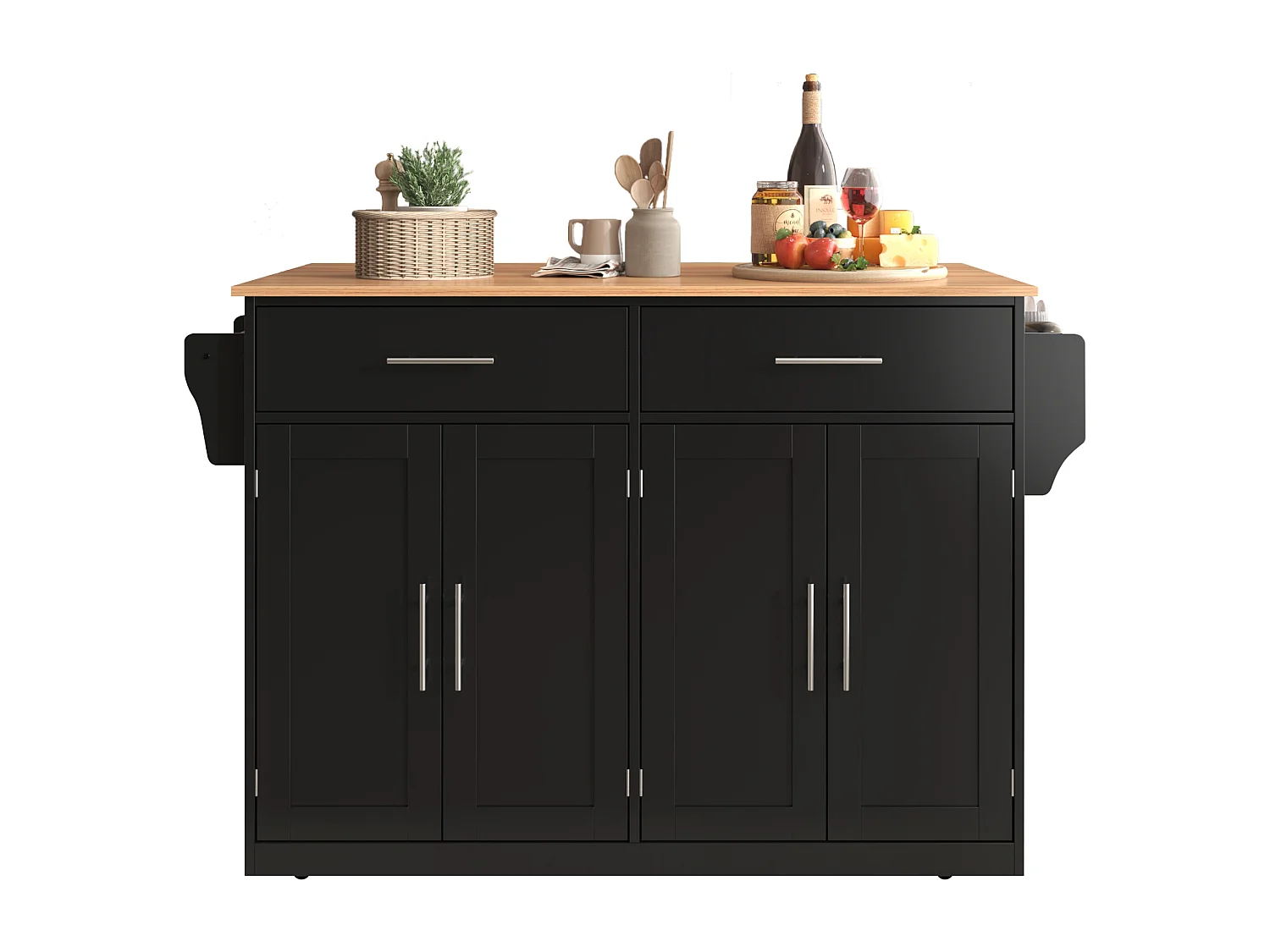 Îlot central - 120 x 46 (70) x 91 cm - plateau rabattable + roulettes et pieds interchangeables - MDF - noir