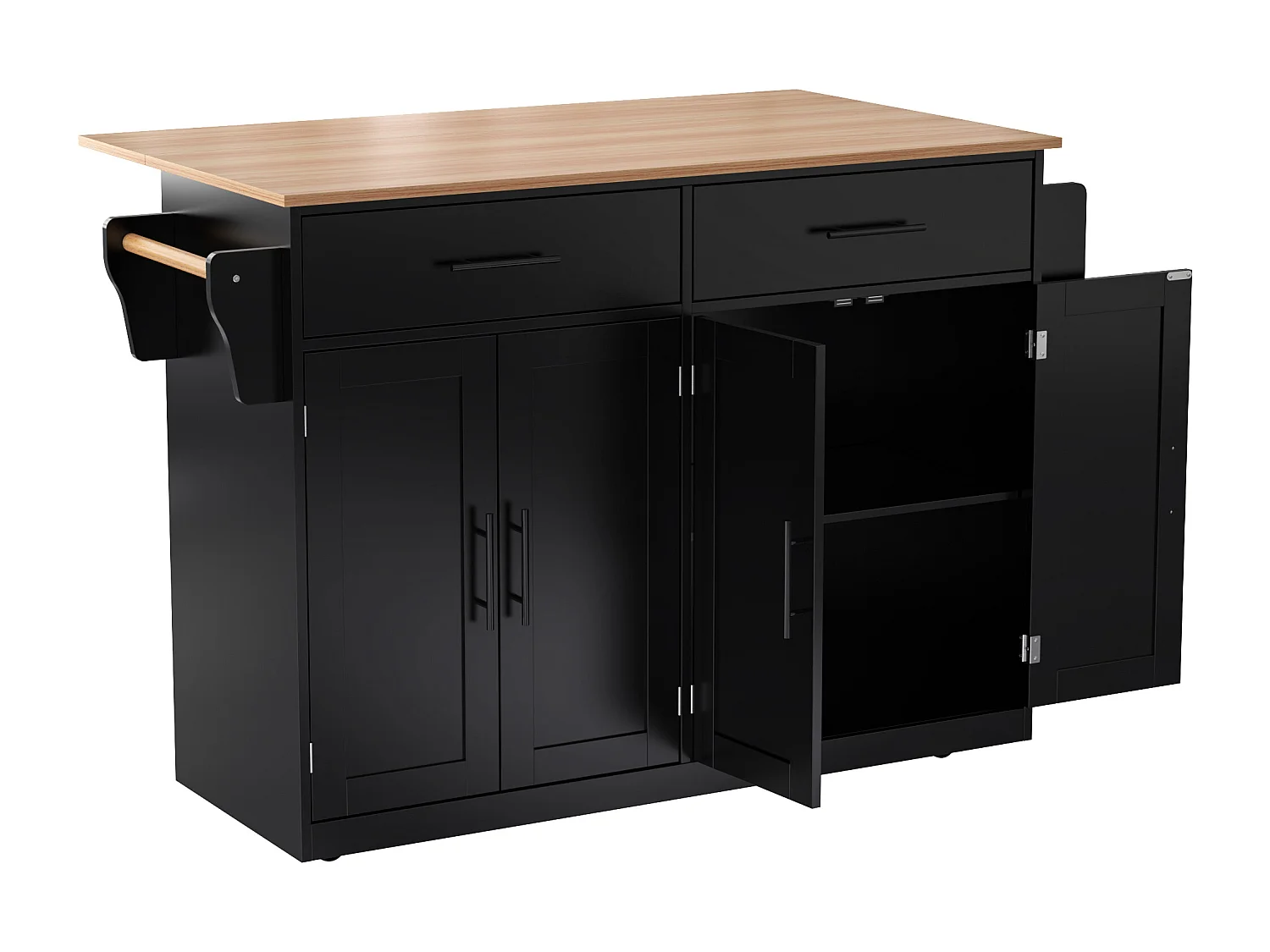 Îlot central - 120 x 46 (70) x 91 cm - plateau rabattable + roulettes et pieds interchangeables - MDF - noir