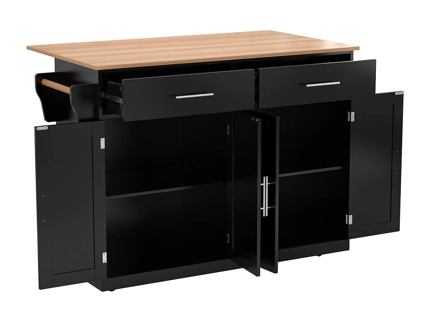 Îlot central - 120 x 46 (70) x 91 cm - plateau rabattable + roulettes et pieds interchangeables - MDF - noir