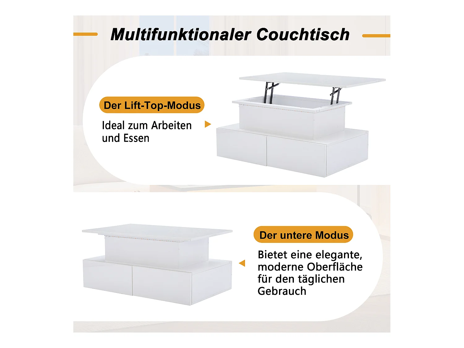 Table basse relevable - 90 x 55 x 41 cm - brillante moderne avec Leds + 4 tiroirs - aggloméré - blanc