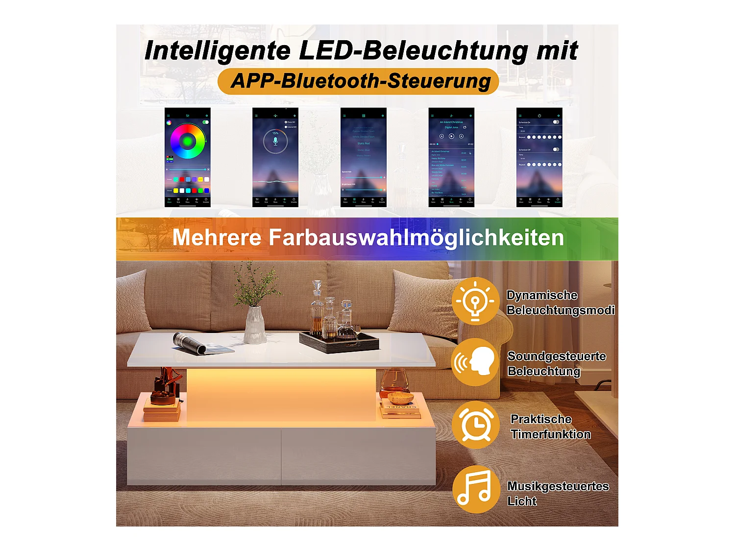 Table basse relevable - 90 x 55 x 41 cm - brillante moderne avec Leds + 4 tiroirs - aggloméré - blanc