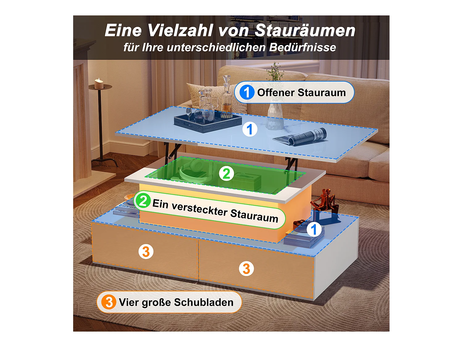 Table basse relevable - 90 x 55 x 41 cm - brillante moderne avec Leds + 4 tiroirs - aggloméré - blanc
