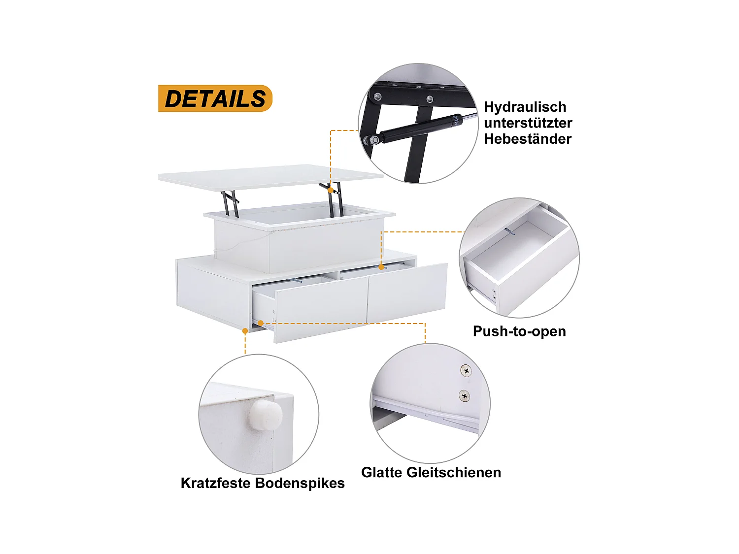 Table basse relevable - 90 x 55 x 41 cm - brillante moderne avec Leds + 4 tiroirs - aggloméré - blanc