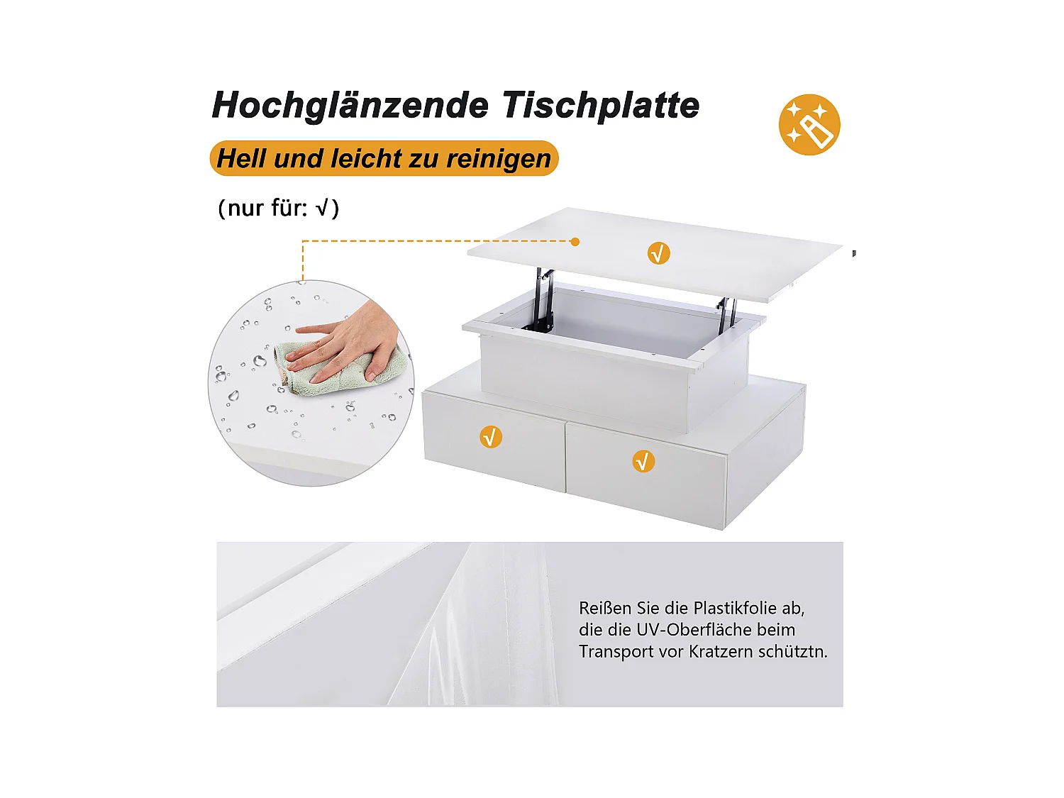 Table basse relevable - 90 x 55 x 41 cm - brillante moderne avec Leds + 4 tiroirs - aggloméré - blanc