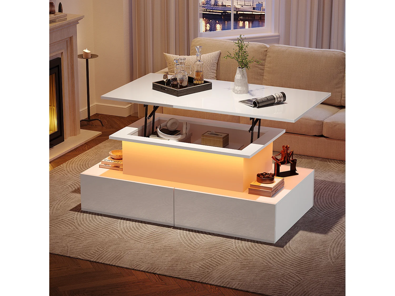 Table basse relevable - 90 x 55 x 41 cm - brillante moderne avec Leds + 4 tiroirs - aggloméré - blanc