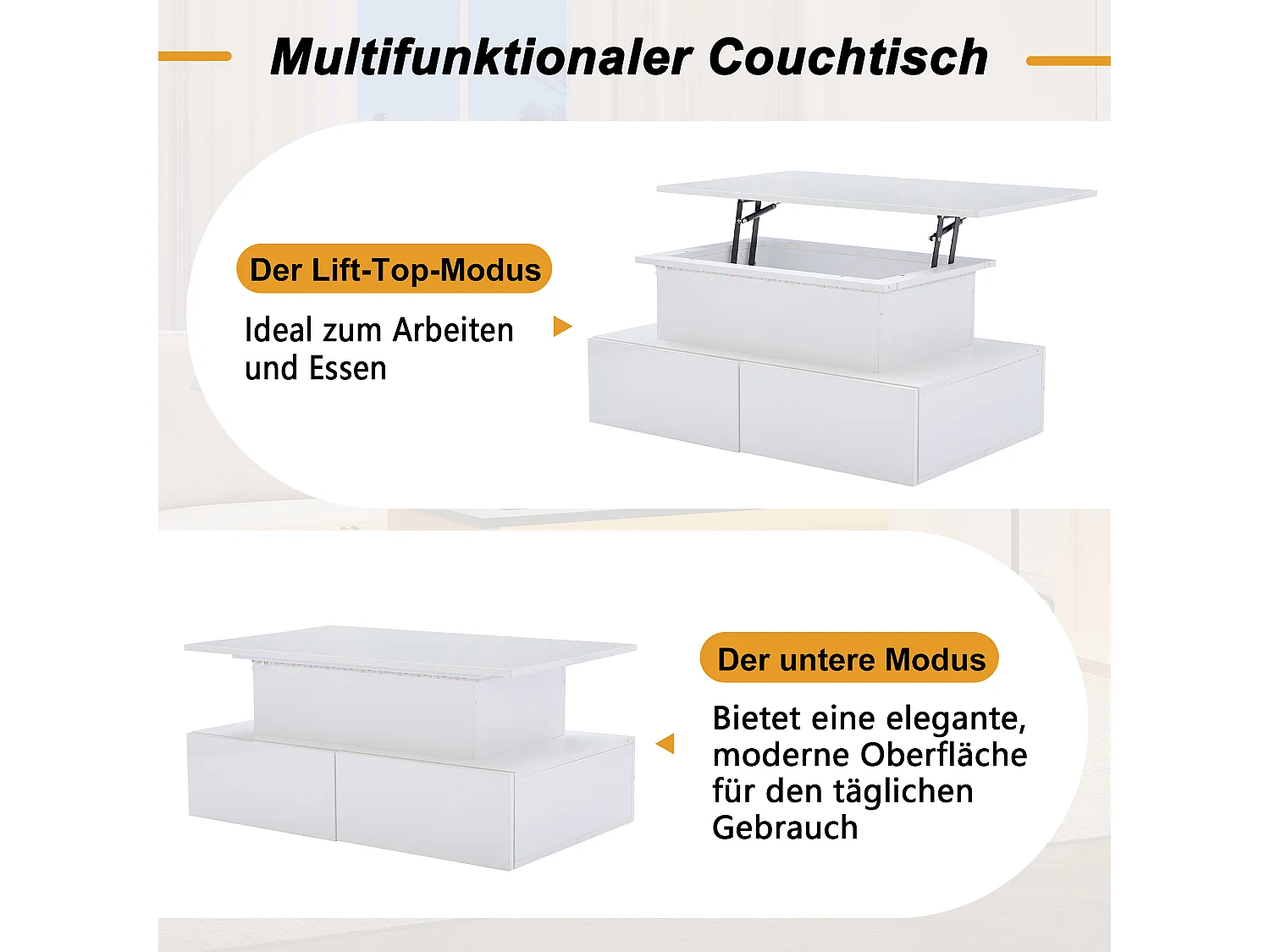 Table basse relevable - 90 x 55 x 41 cm - brillante moderne avec Leds + 4 tiroirs - aggloméré - blanc