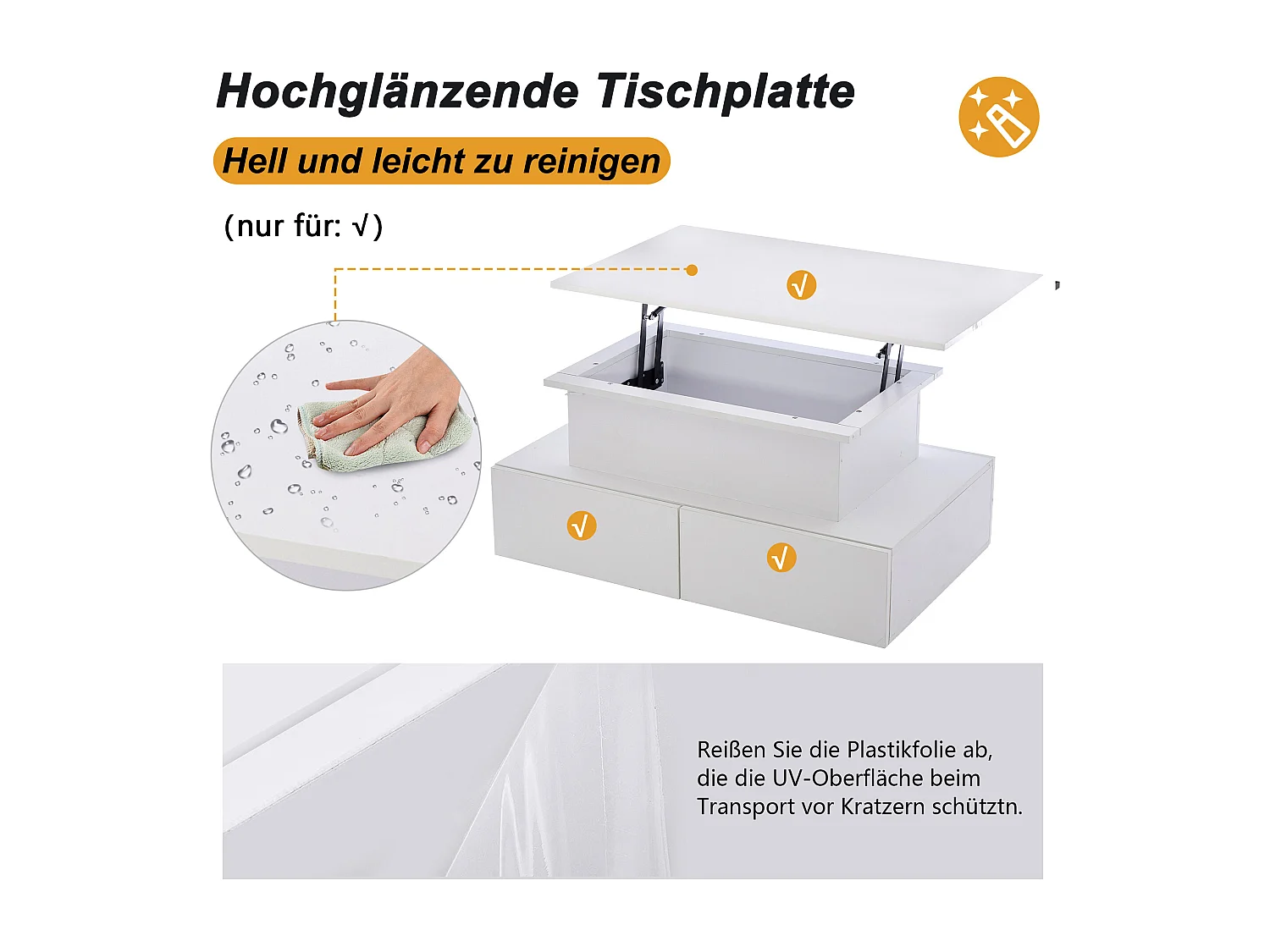 Table basse relevable - 90 x 55 x 41 cm - brillante moderne avec Leds + 4 tiroirs - aggloméré - blanc