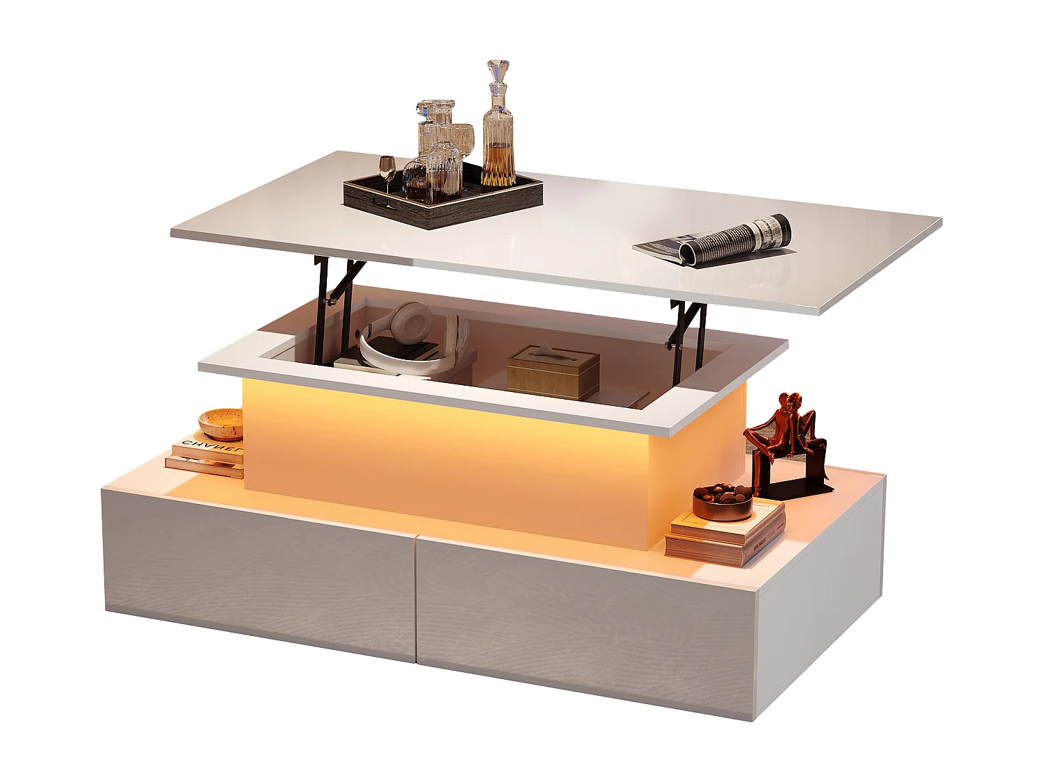 Table basse relevable - 90 x 55 x 41 cm - brillante moderne avec Leds + 4 tiroirs - aggloméré - blanc