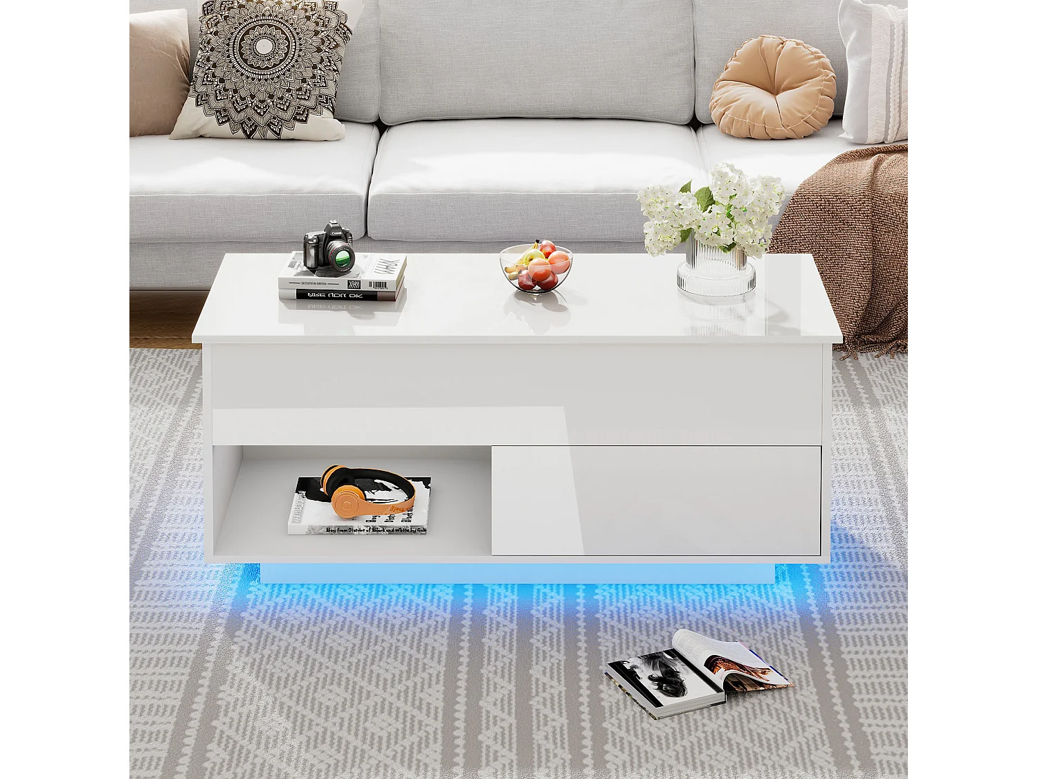 Table basse relevable brillante - 100 x 50 x 55 cm - avec Leds + 1 tiroir - aggloméré - blanc