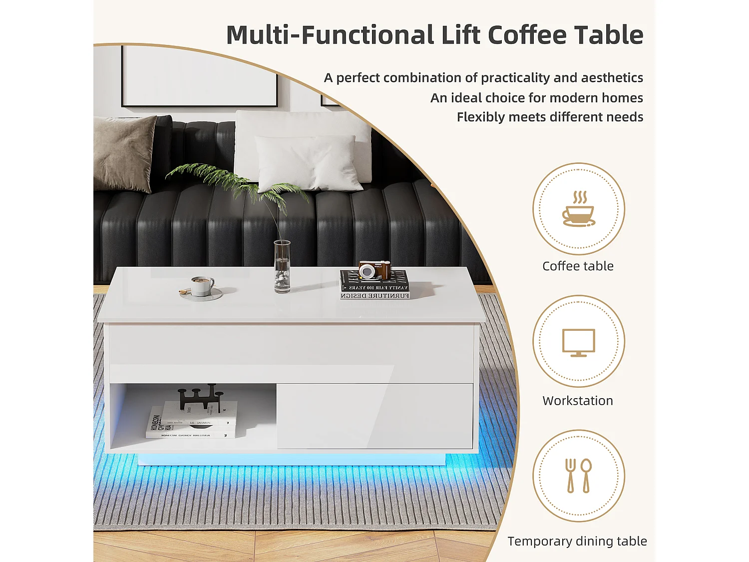 Table basse relevable brillante - 100 x 50 x 55 cm - avec Leds + 1 tiroir - aggloméré - blanc
